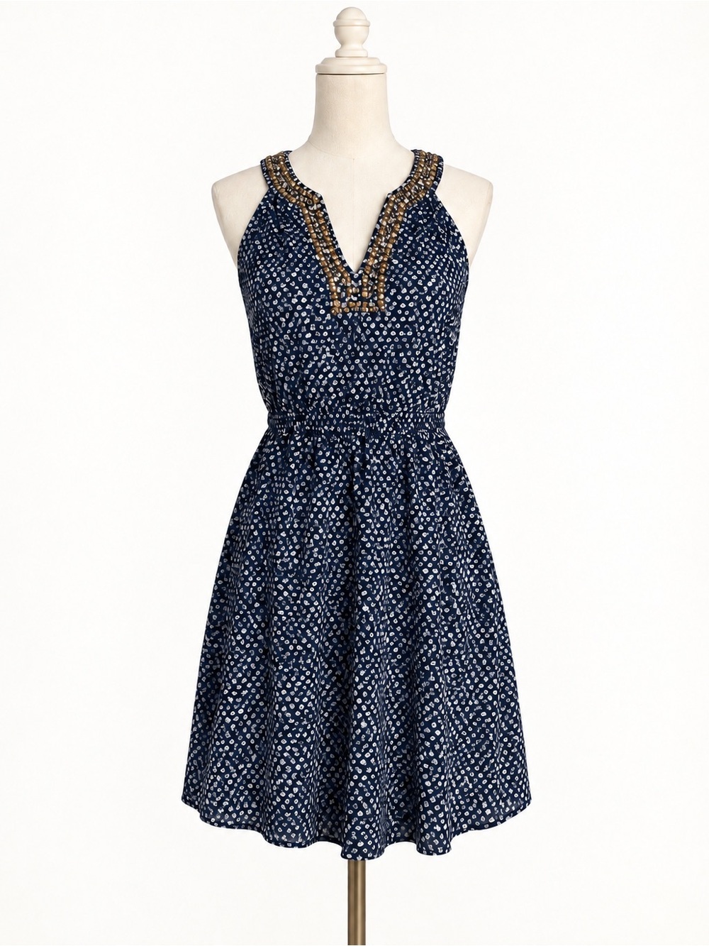 Lucky Brand Navy and White Patterned Dress with Embellished Neckline